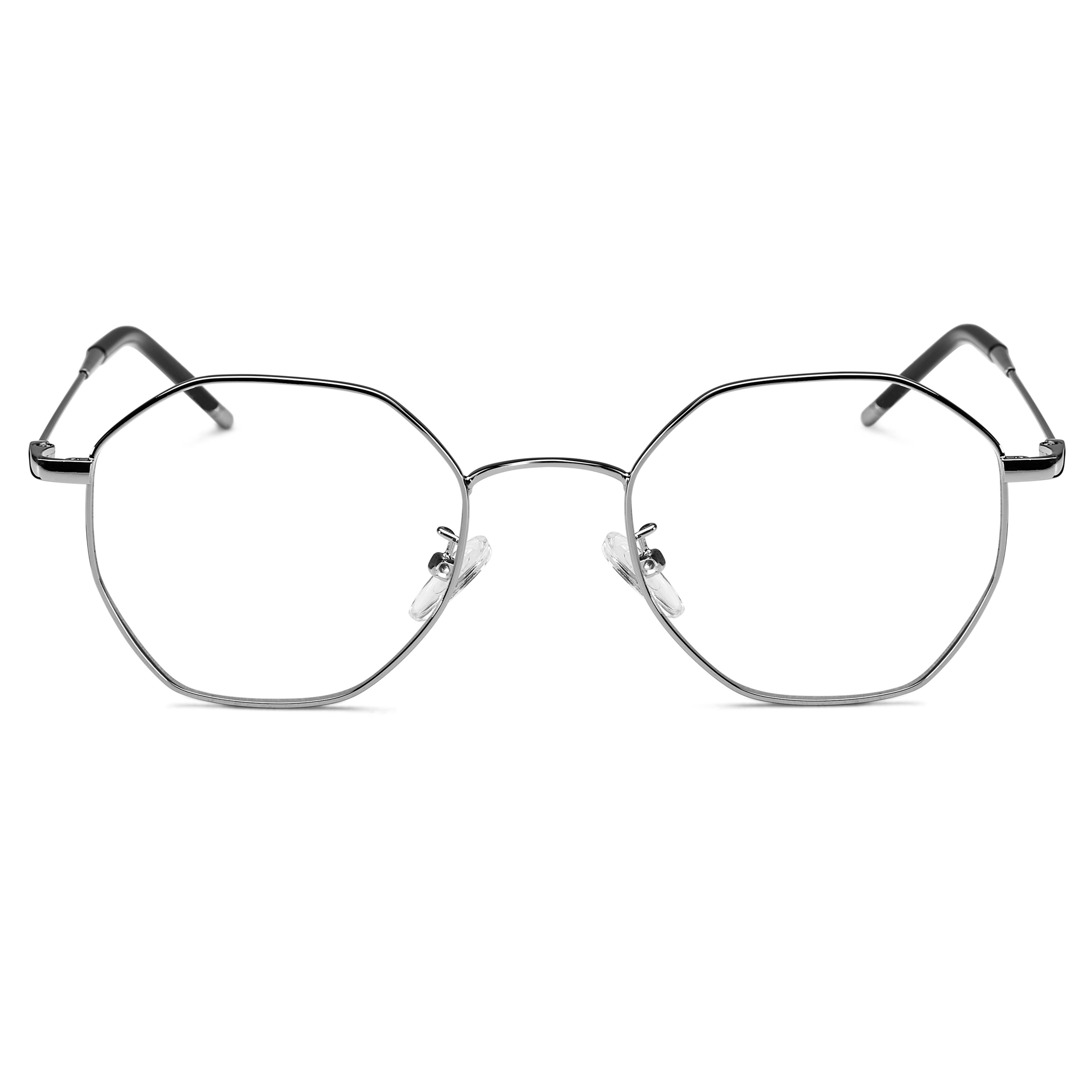 Executive Silver-Tone Geometric Frame Clear Lens Glasses