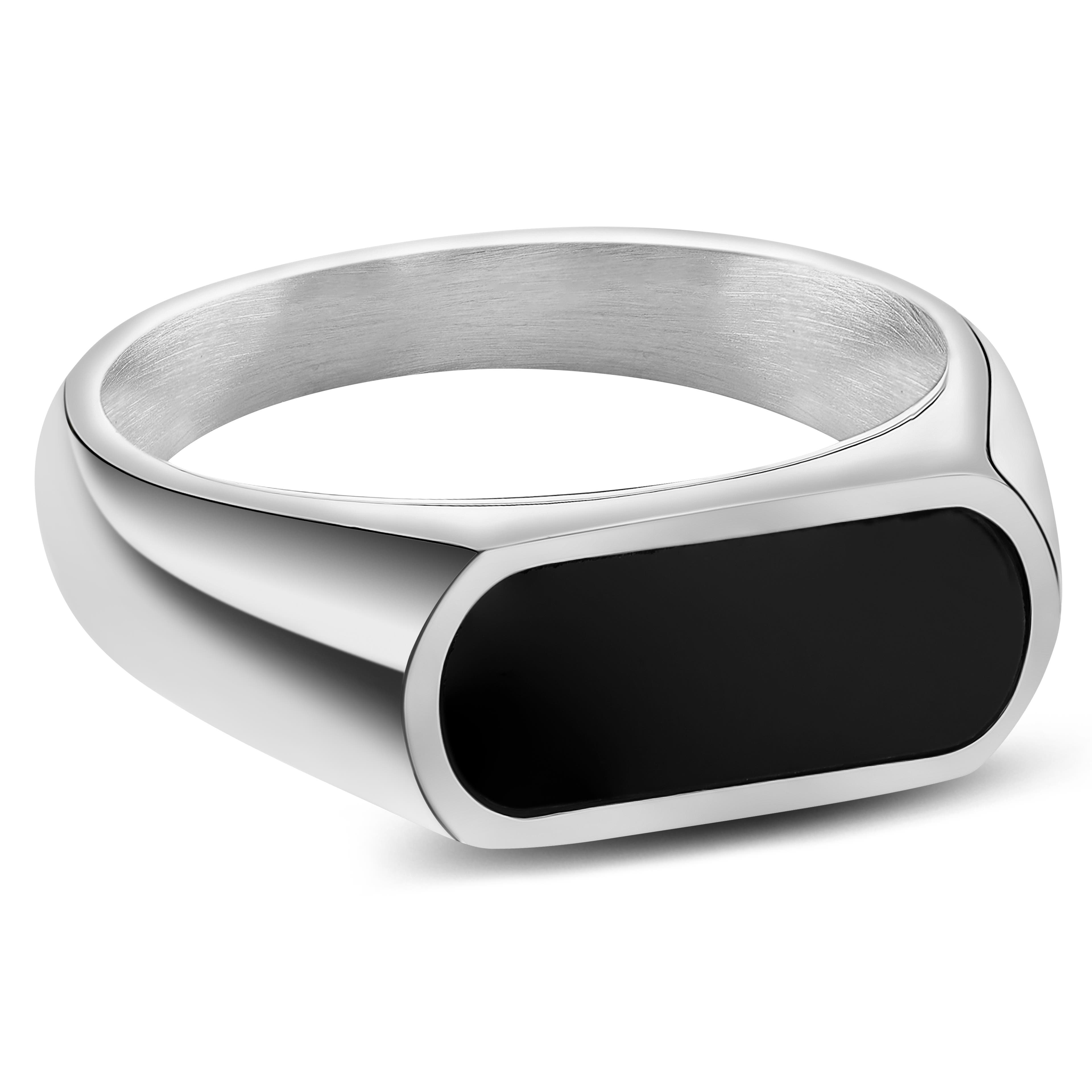 Orisun | Сребрист стоманен пръстен печат с черен оникс