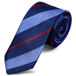 Gravata em Seda Azul Escura ás Riscas Azuis Pastel e Vermelhas de 6 cm