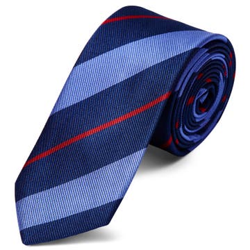 Pastelově modrá a červená pruhovaná navy hedvábná kravata 6 cm