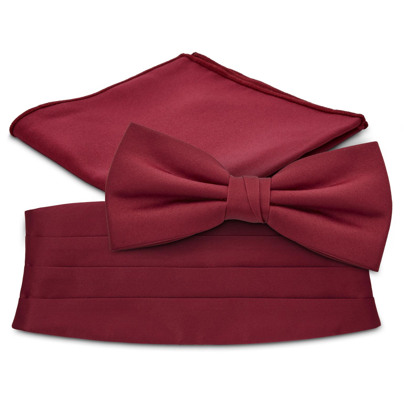 Set de nœud papillon pré-noué, pochette de costume et ceinture de smoking couleur bordeaux Set de nœud papillon pré-noué, pochette de costume et ceinture de smoking couleur bordeaux