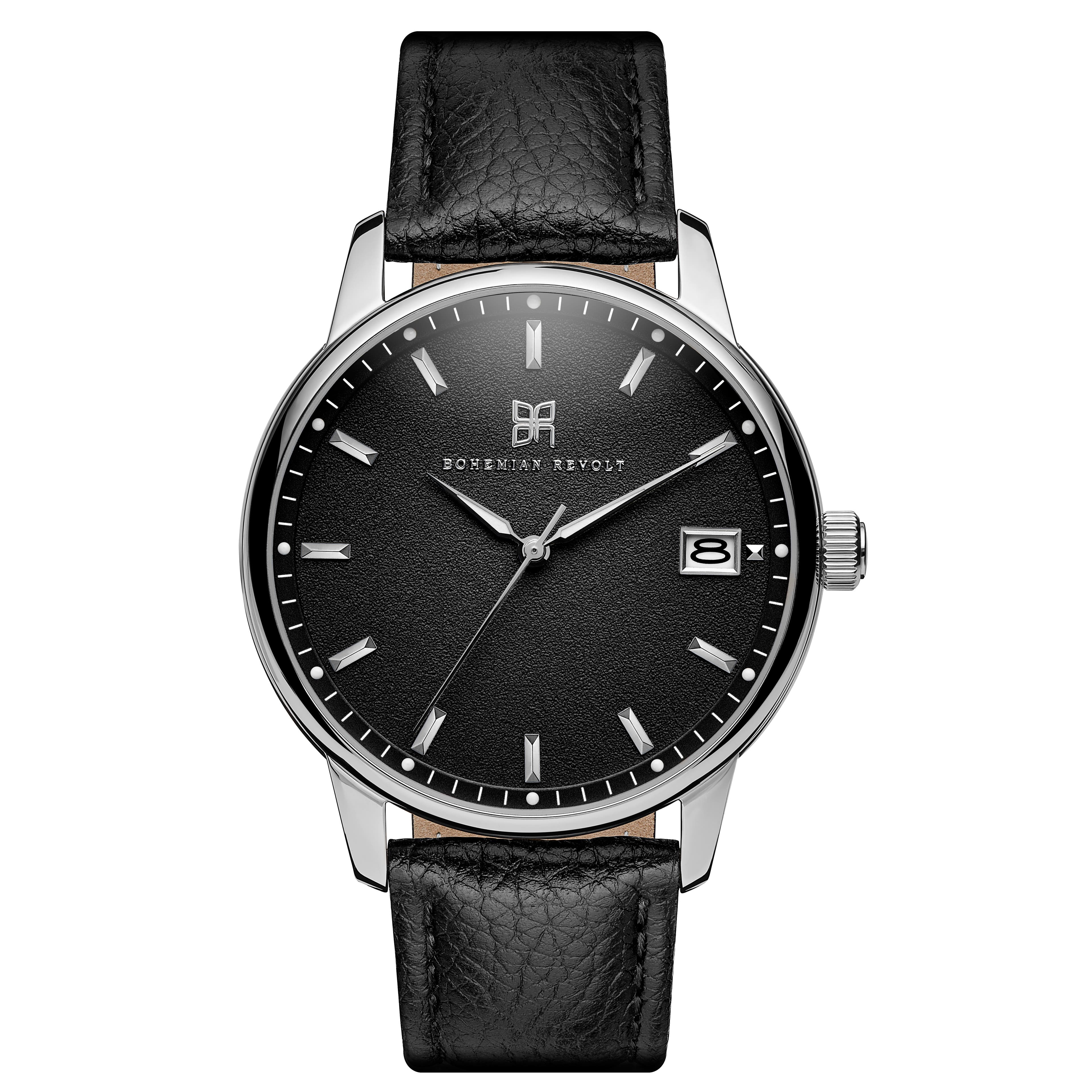 Mirage | Silver-tone and Black Stainless Steel Watch with Leather Strap