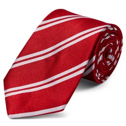 Червена копринена вратовръзка с двойни сребристи ивици 8 см