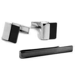 Black and Silver-Tone Tie Bar and Cufflinks Set