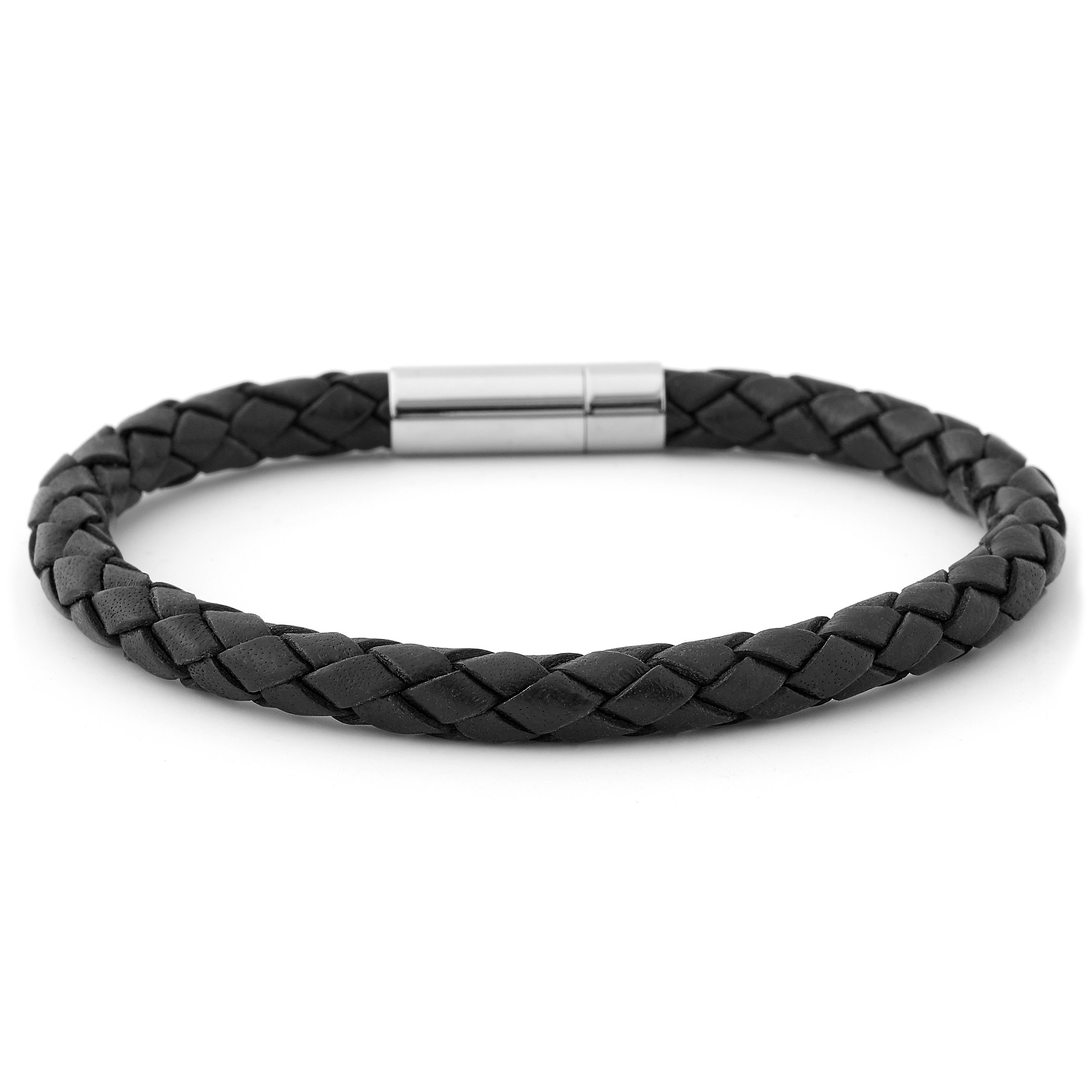 Bracciale semplice in pelle nera intrecciata 6 mm - 2