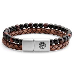 Icon | Red Tiger's Eye, Onyx & Brown Leather Cord Bracelet