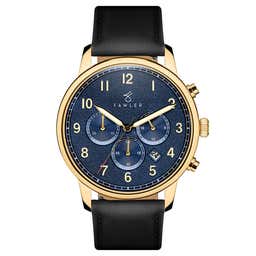 Pluto | Gold-Tone Chronograph Watch With Blue Dial & Black Leather Strap