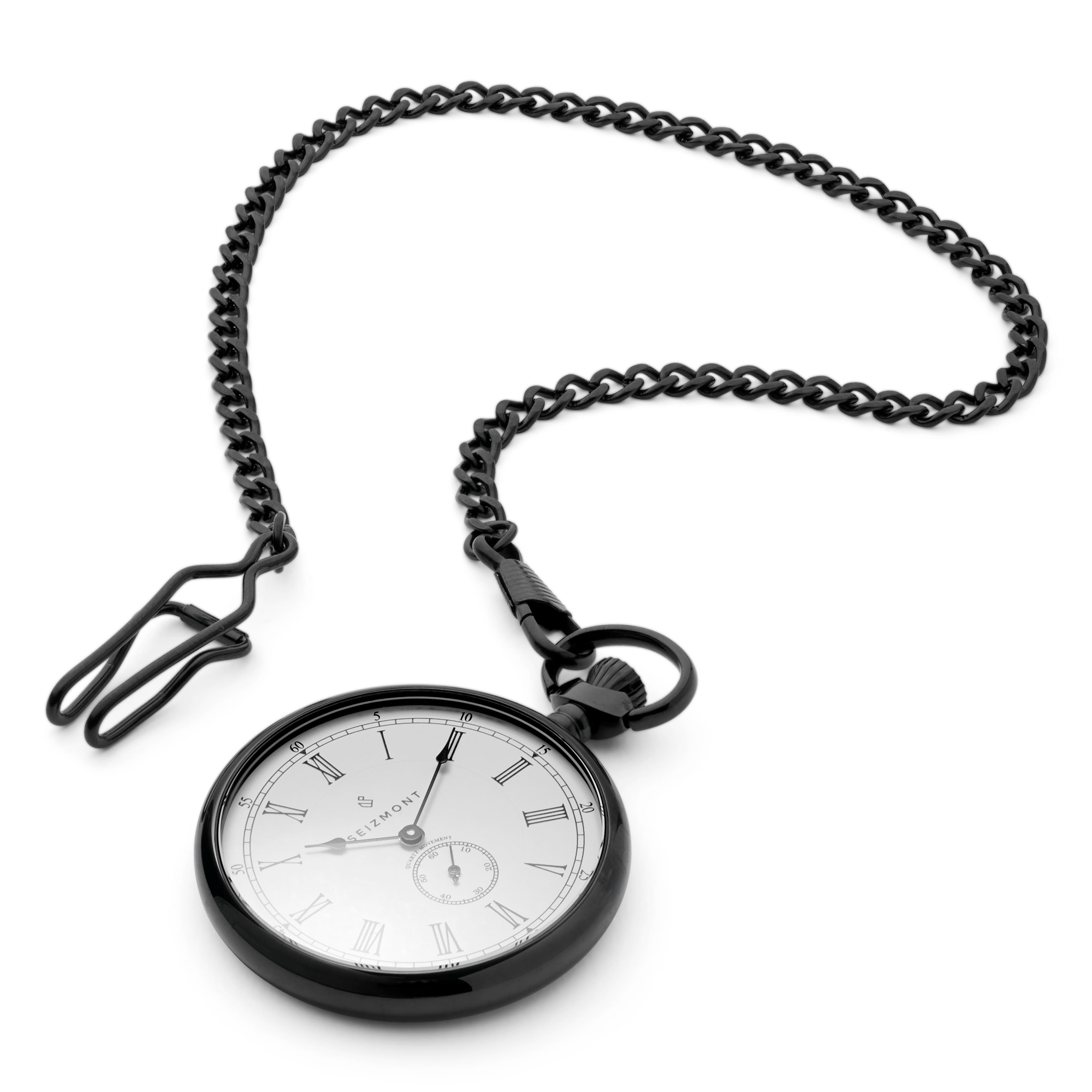 Time Keeper | Black Stainless Steel Pocket Watch With White Dial