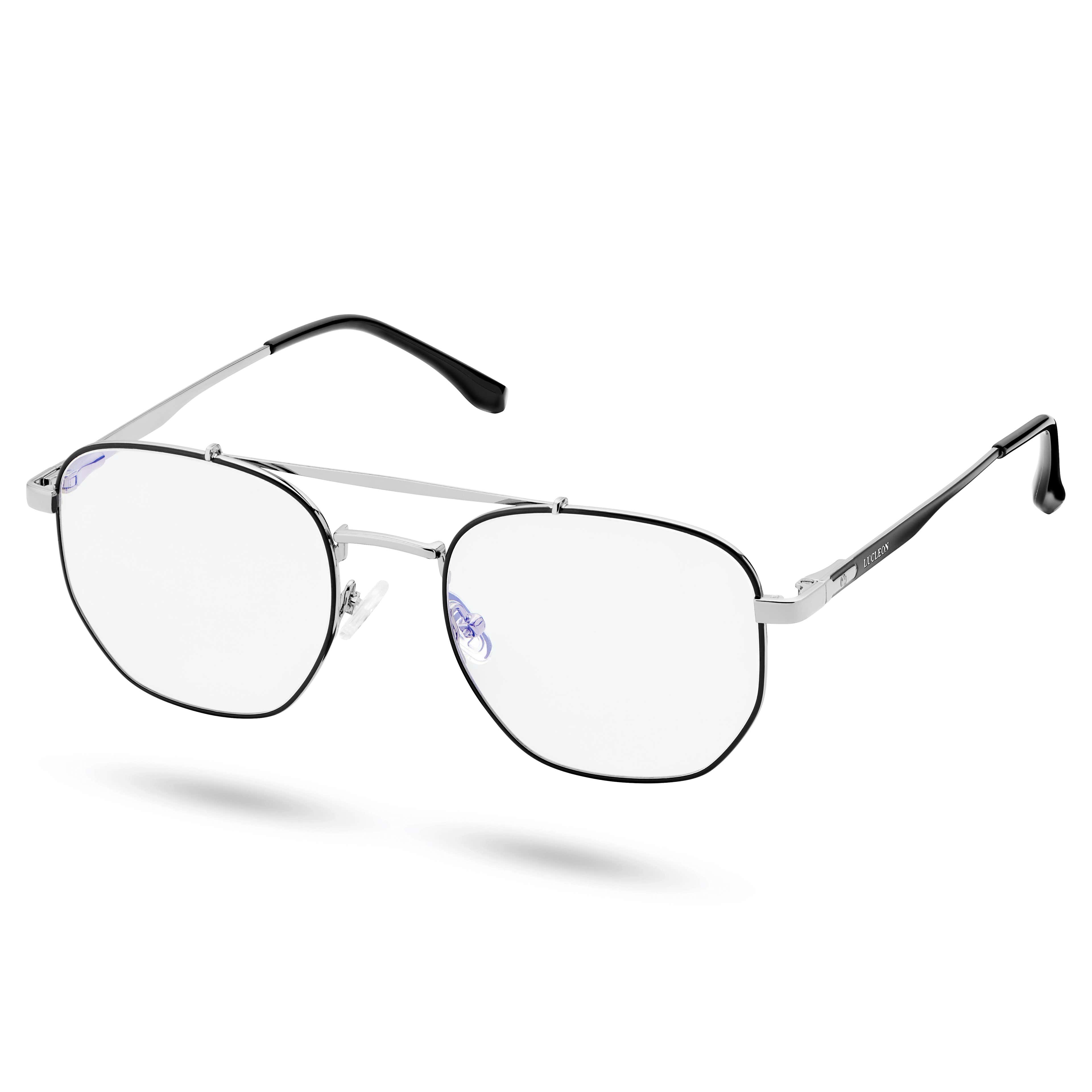 Stalowo-czarne prostokątne okulary aviator z soczewkami blokującymi niebieskie światło