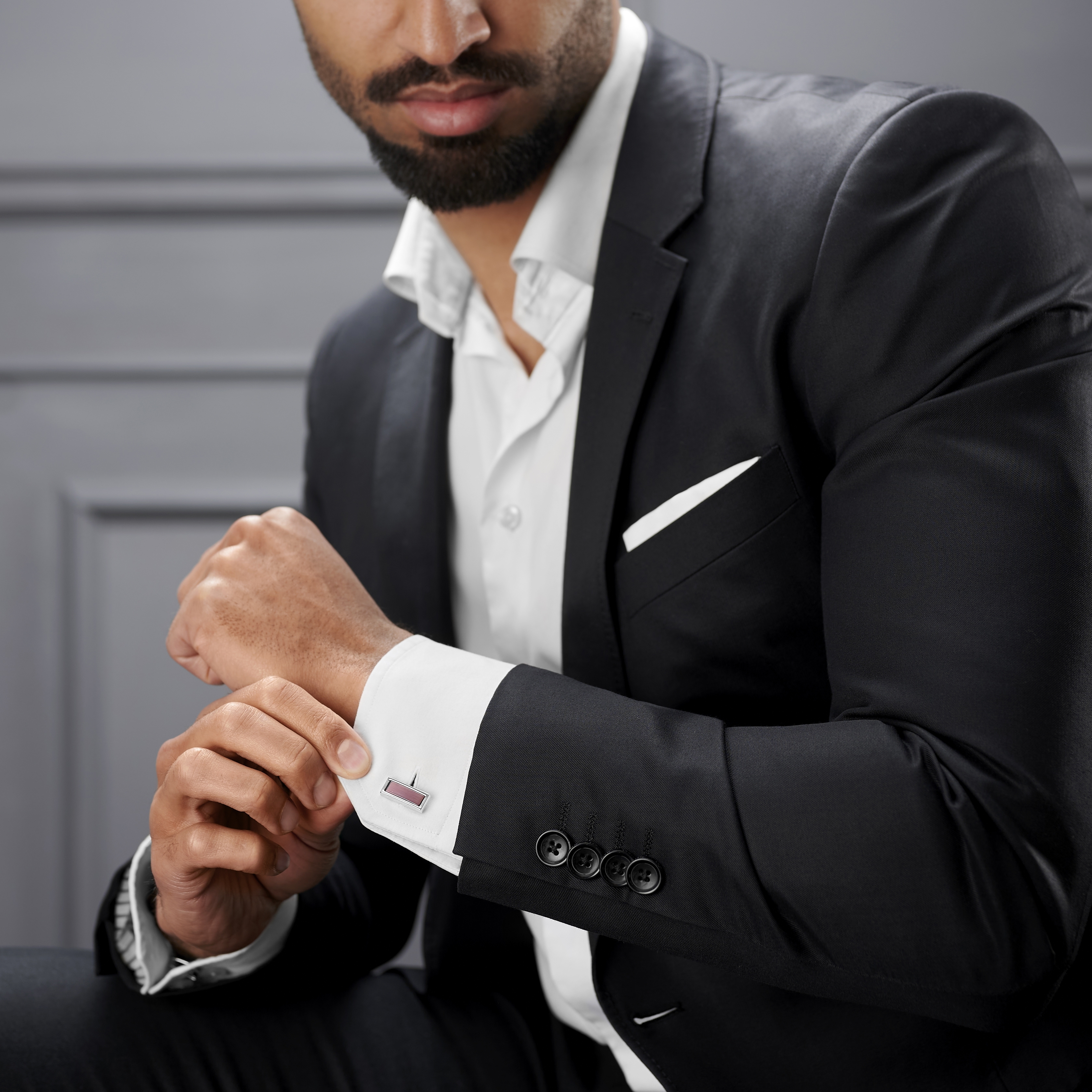 Rectangular Silver-Tone & Burgundy Stones Cufflinks - 6