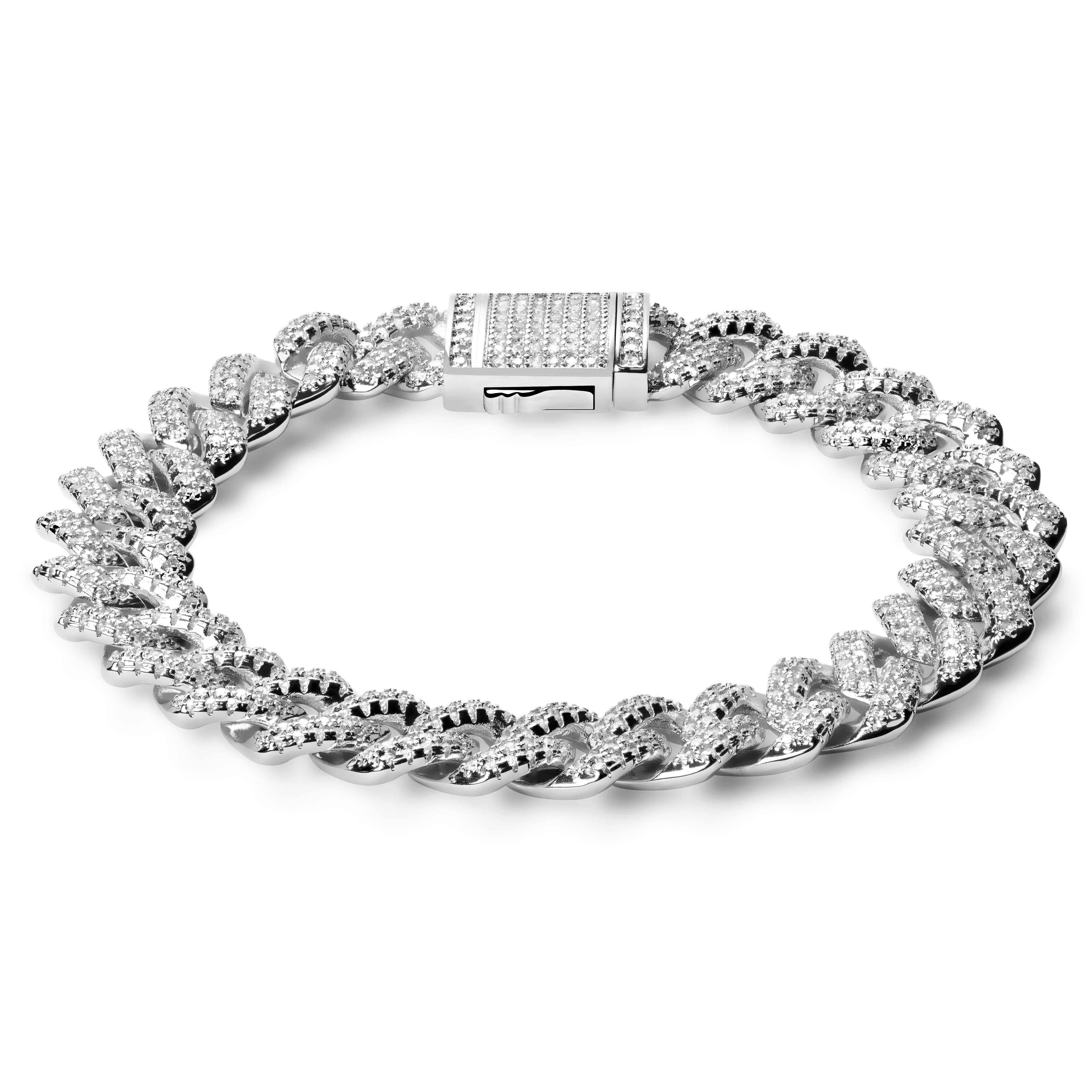 Nicos | 12 mm Iced Silverfärgat Armband med Diamantstiftlänkar och Zirkoner