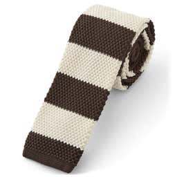 Brown & White Striped Polyester Knitted Tie