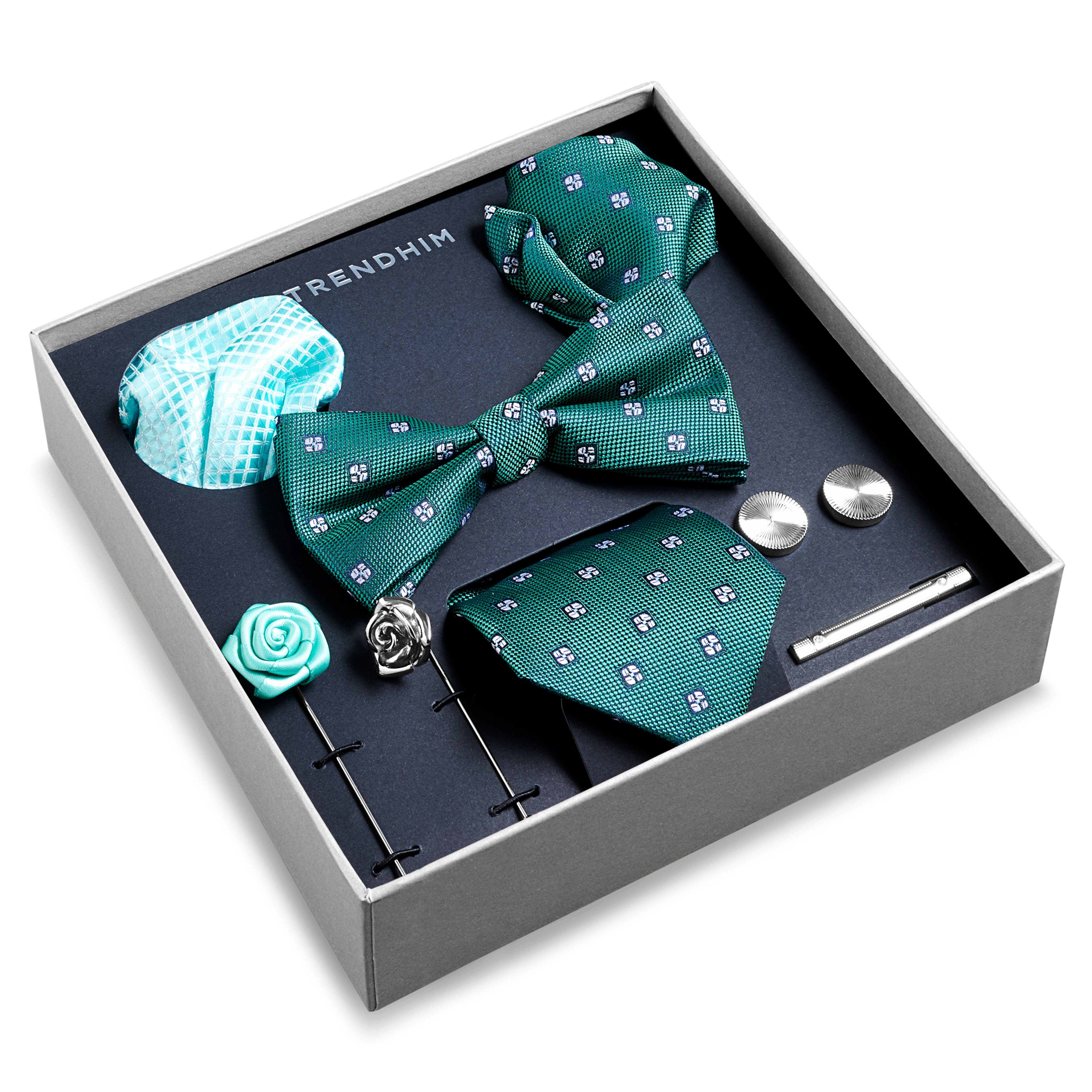 Подаръчна кутия с аксесоари за костюм | Kомплект в ментовозелено с ромбоидни шарки