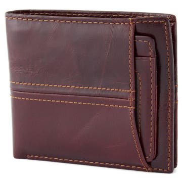 Dvojito prešívaná hnedá kožená peňaženka Bi-fold