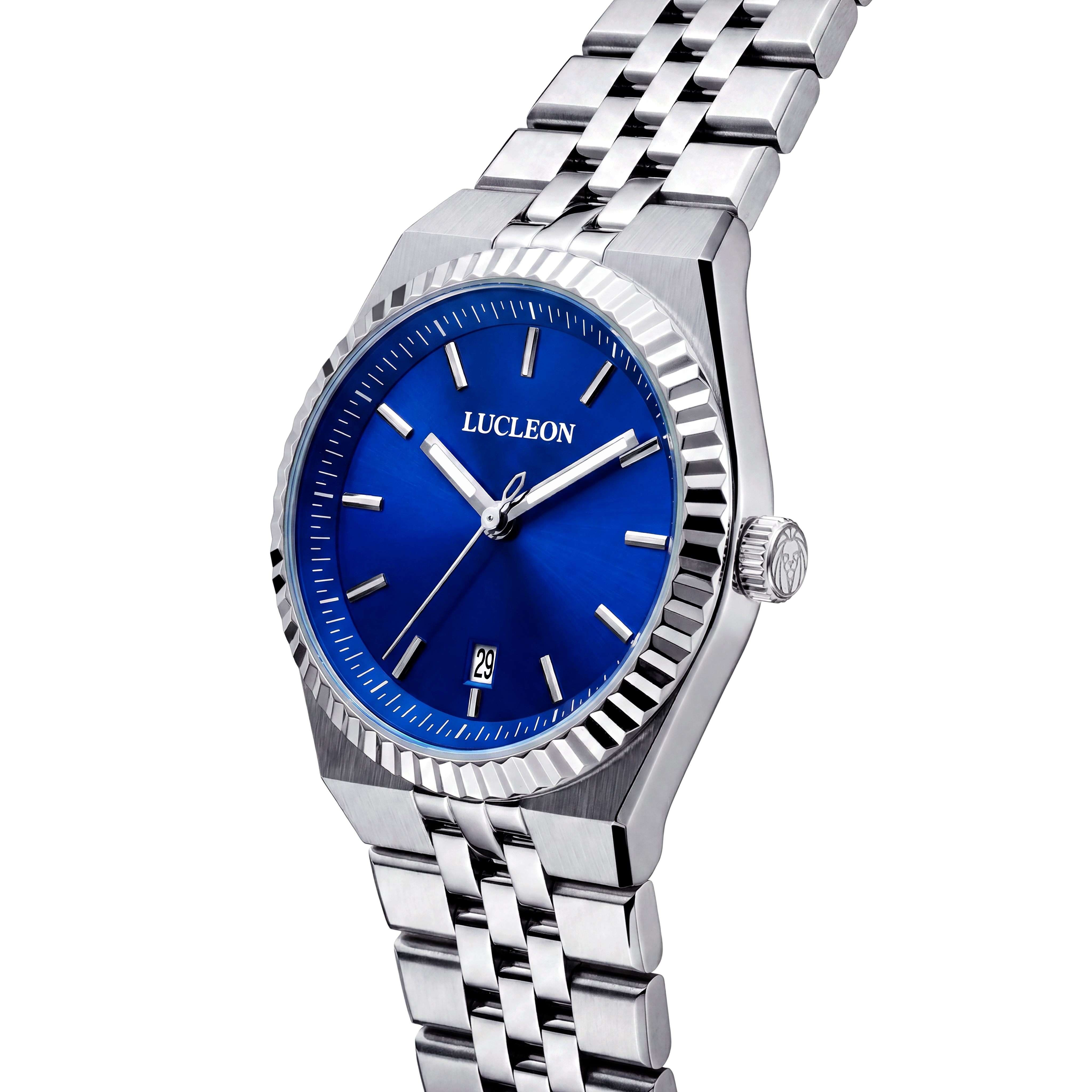 Flute | Reloj de acero inoxidable en tono plateado con esfera con efecto rayos de sol azul marino y correa Jubilee - 3