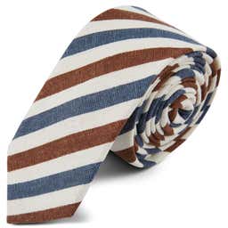 Blue & Brown Diagonal Striped Cotton & Flax Tie