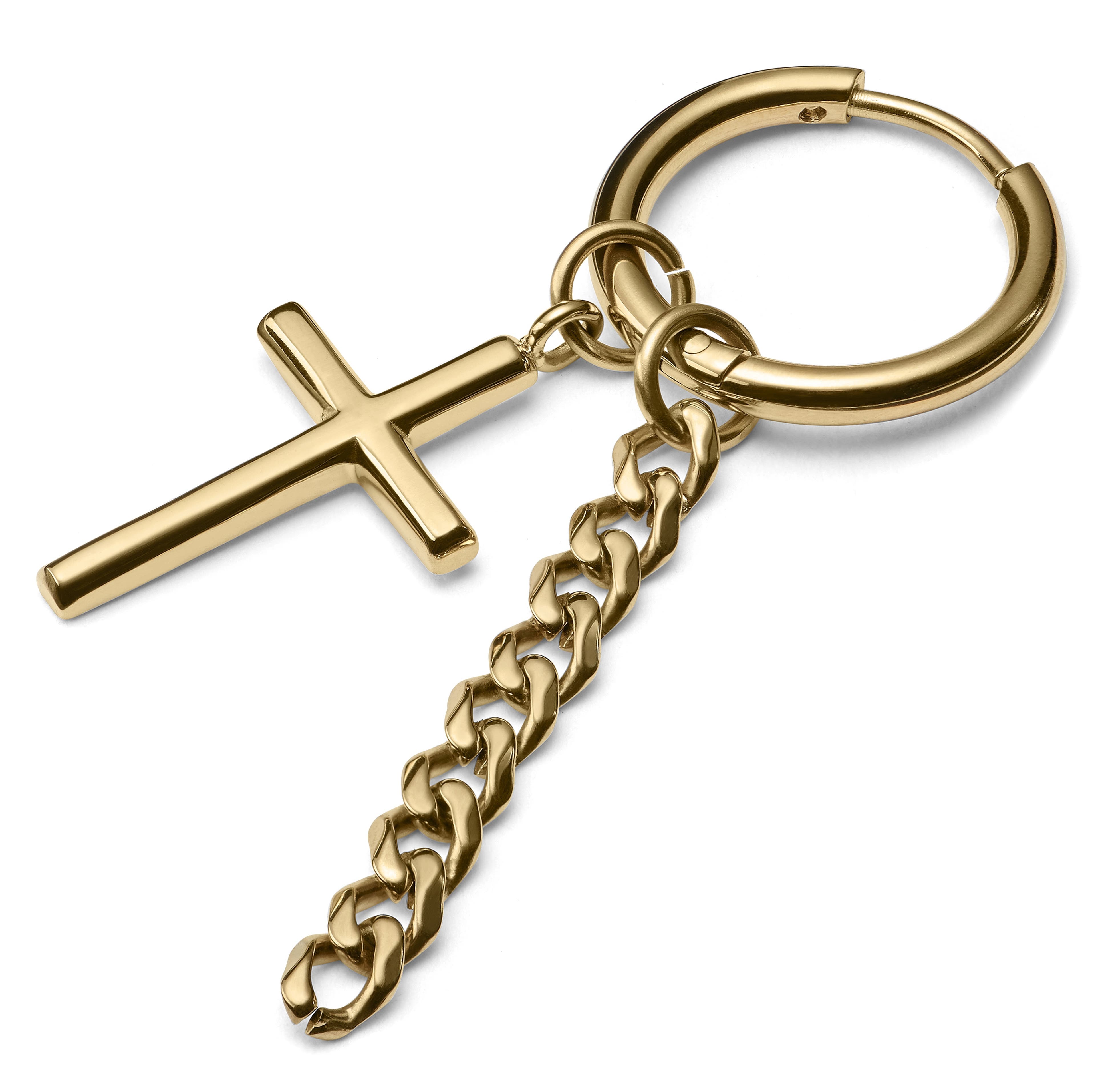 Cercel rotund din oțel auriu cu pandantiv cu cruce și lanț