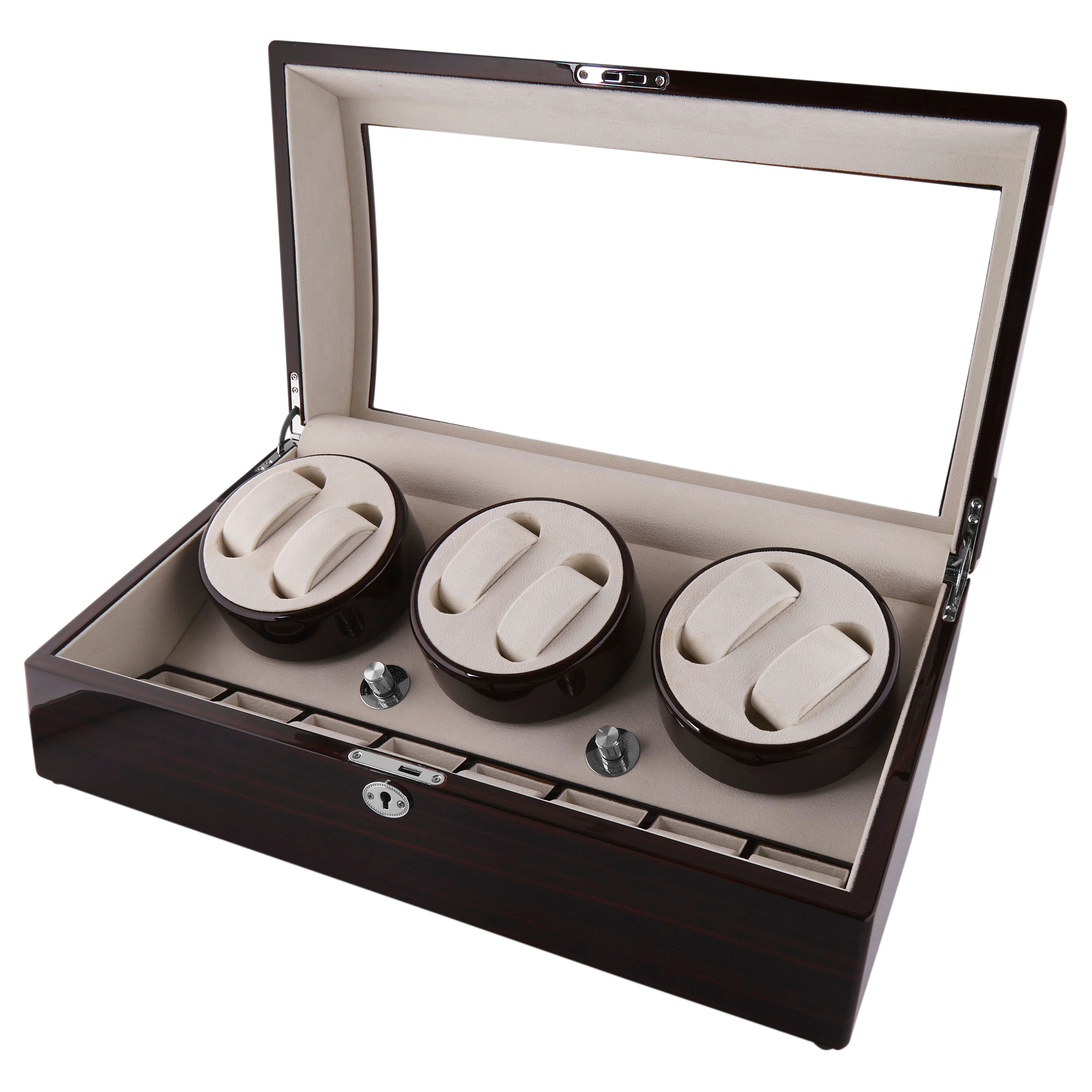 Afsluitbare Gepolijste Ebbenhouten Rotary Horlogekast - 14 horloges - 2