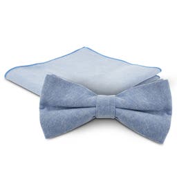 Pale Blue Pre-Tied Bow Tie and Pocket Square Set