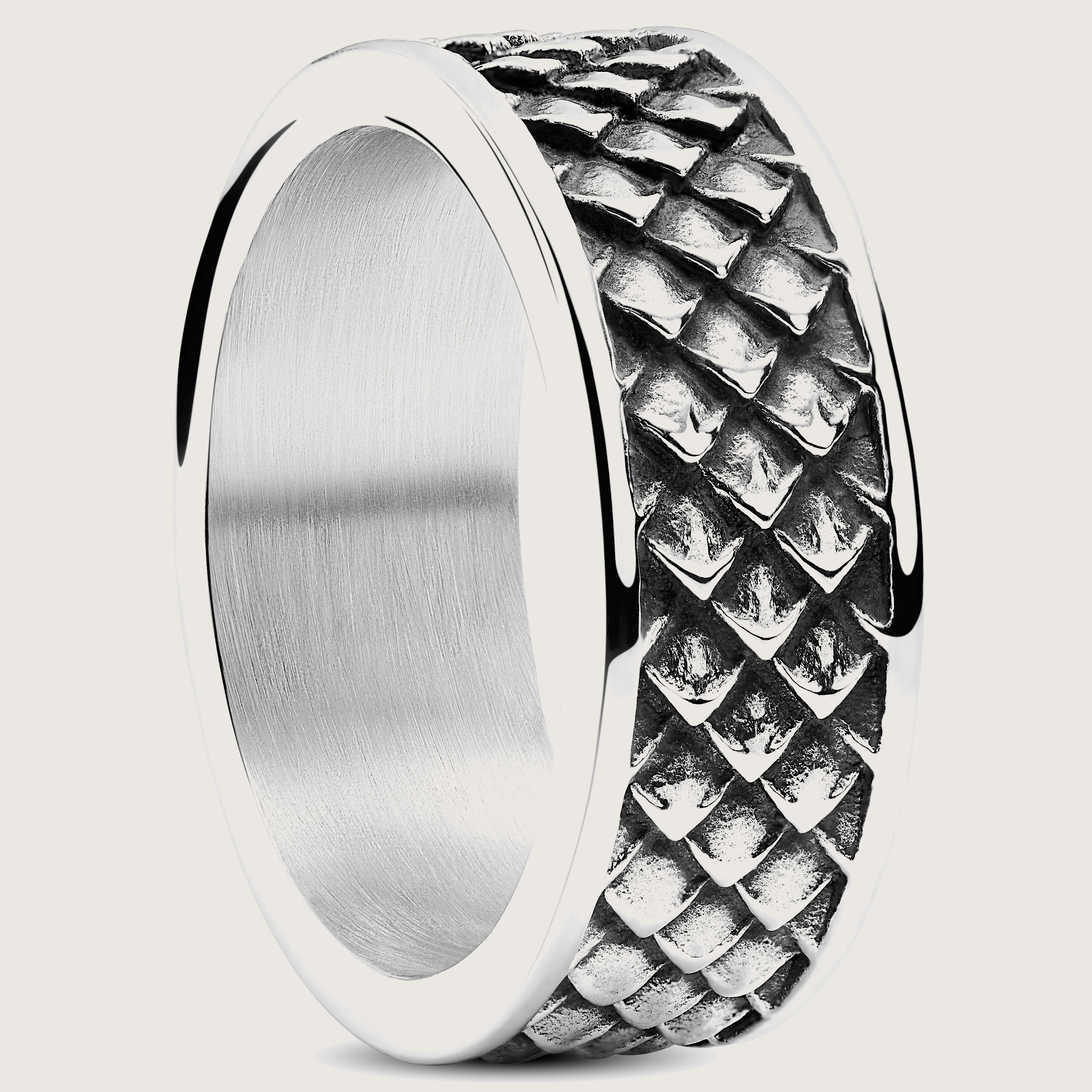 Men's Dragon Scale Punk Ring - 12mm Stainless Steel Band In White Black Silver, Tough & Hypoallergenic