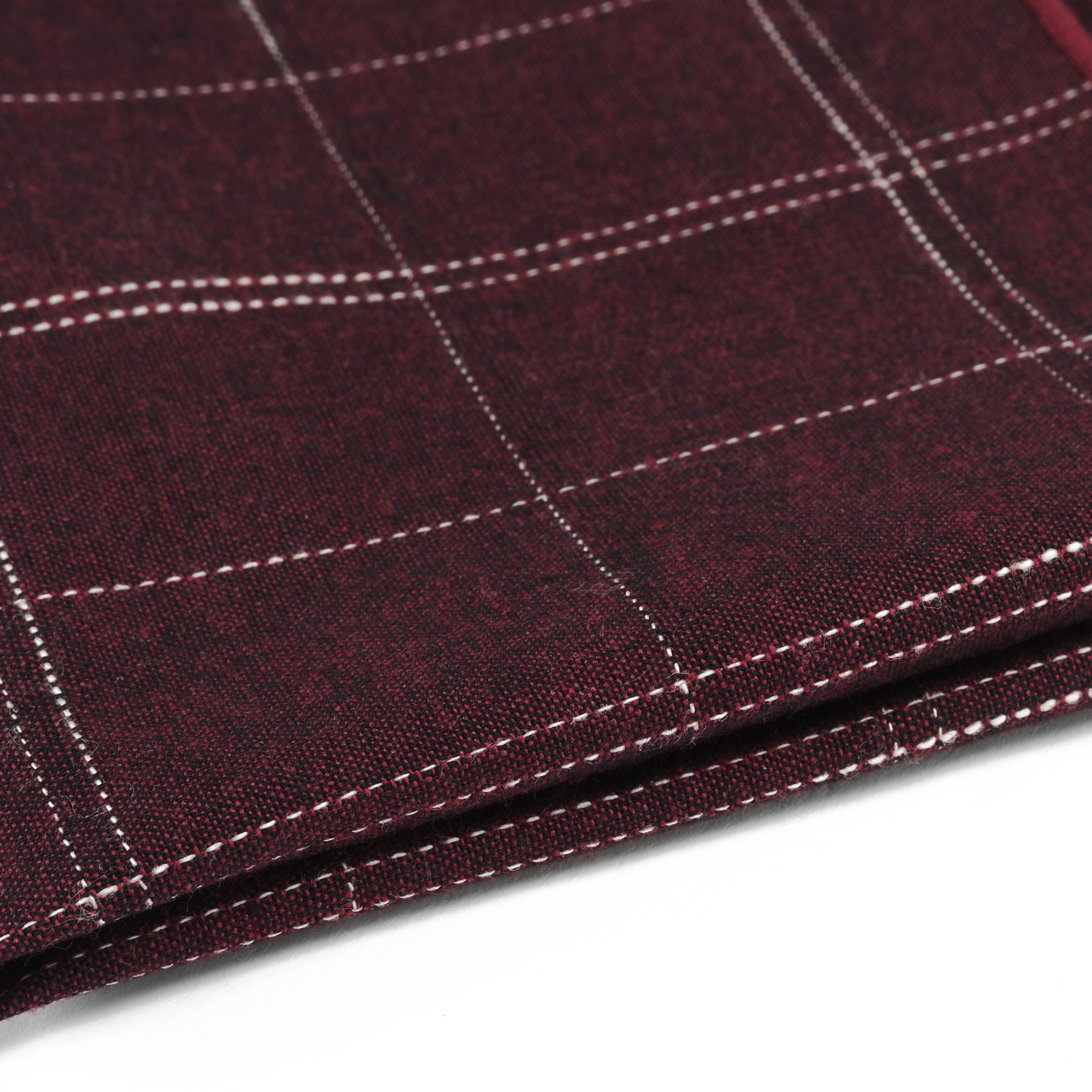 Burgundy & White Stitched Cotton Pocket Square - 6