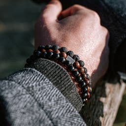 Black Lava Rock & Natural Wooden Bracelet Set | In stock! | Lucleon