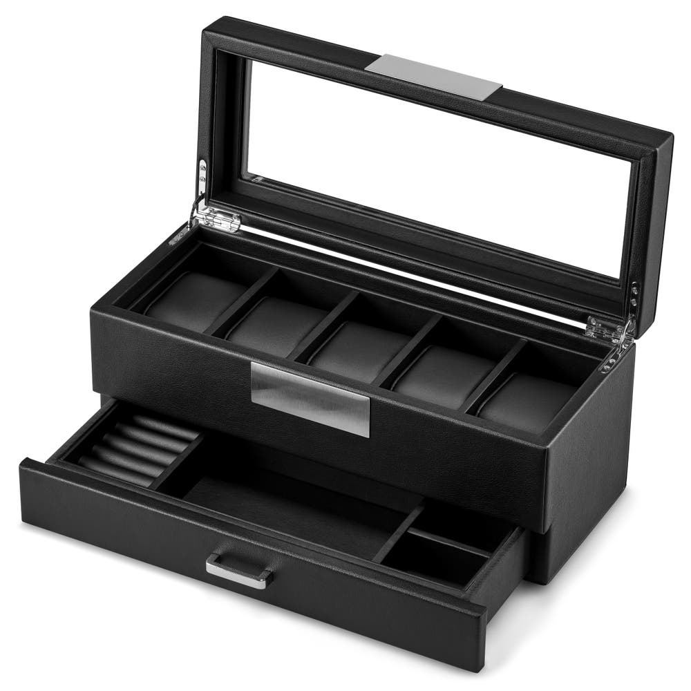 hover: 5-Slot Black Faux Leather Watch Display Case & Jewellery Drawer hover: 5-Slot Black Faux Leather Watch Display Case & Jewellery Drawer