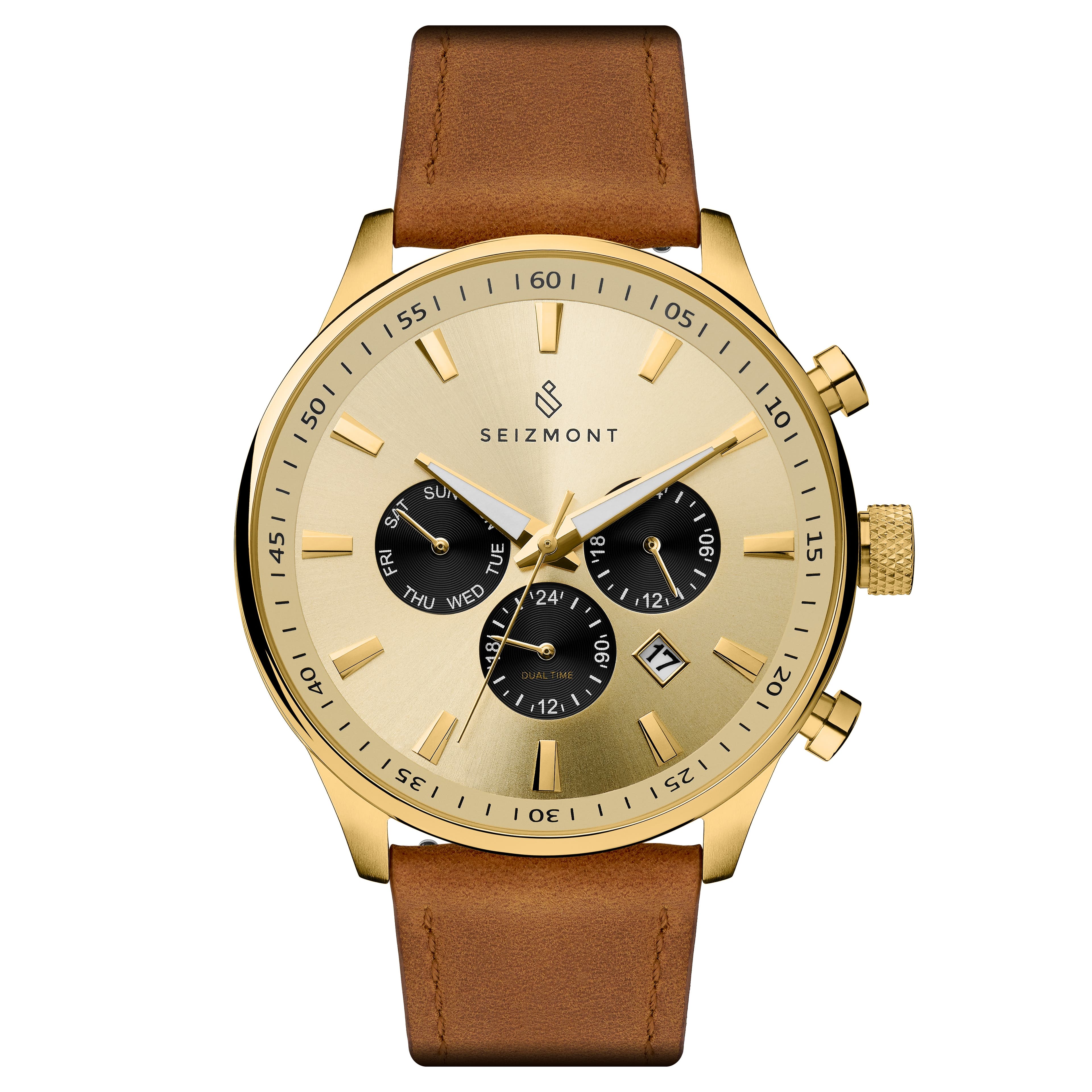 Troika II | Gold-Tone Dual-Time Watch With Gold-Tone Dial, Black Subdials & Brown Leather Strap
