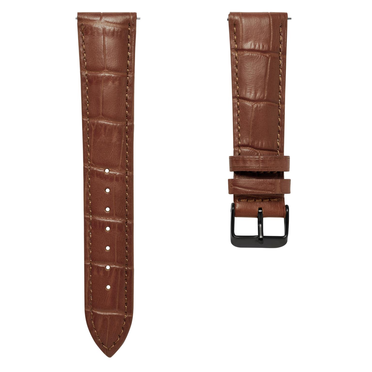 Pulseira de Relógio em Pele Castanha com Relevo Crocodilo e Fivela Preta de 18 mm - Libertação Rápida Pulseira de Relógio em Pele Castanha com Relevo Crocodilo e Fivela Preta de 18 mm - Libertação Rápida