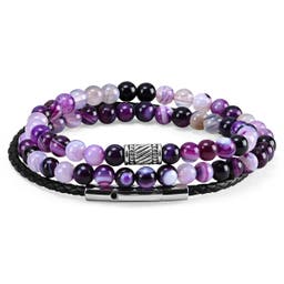 Violet Natural Stone & Black Leather Bracelet Set