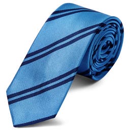 Niebieski krawat jedwabny w podwójne ciemnogranatowe paski 6 cm