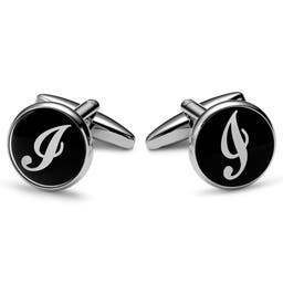 Round Silver-tone and Black Initial I Cufflinks