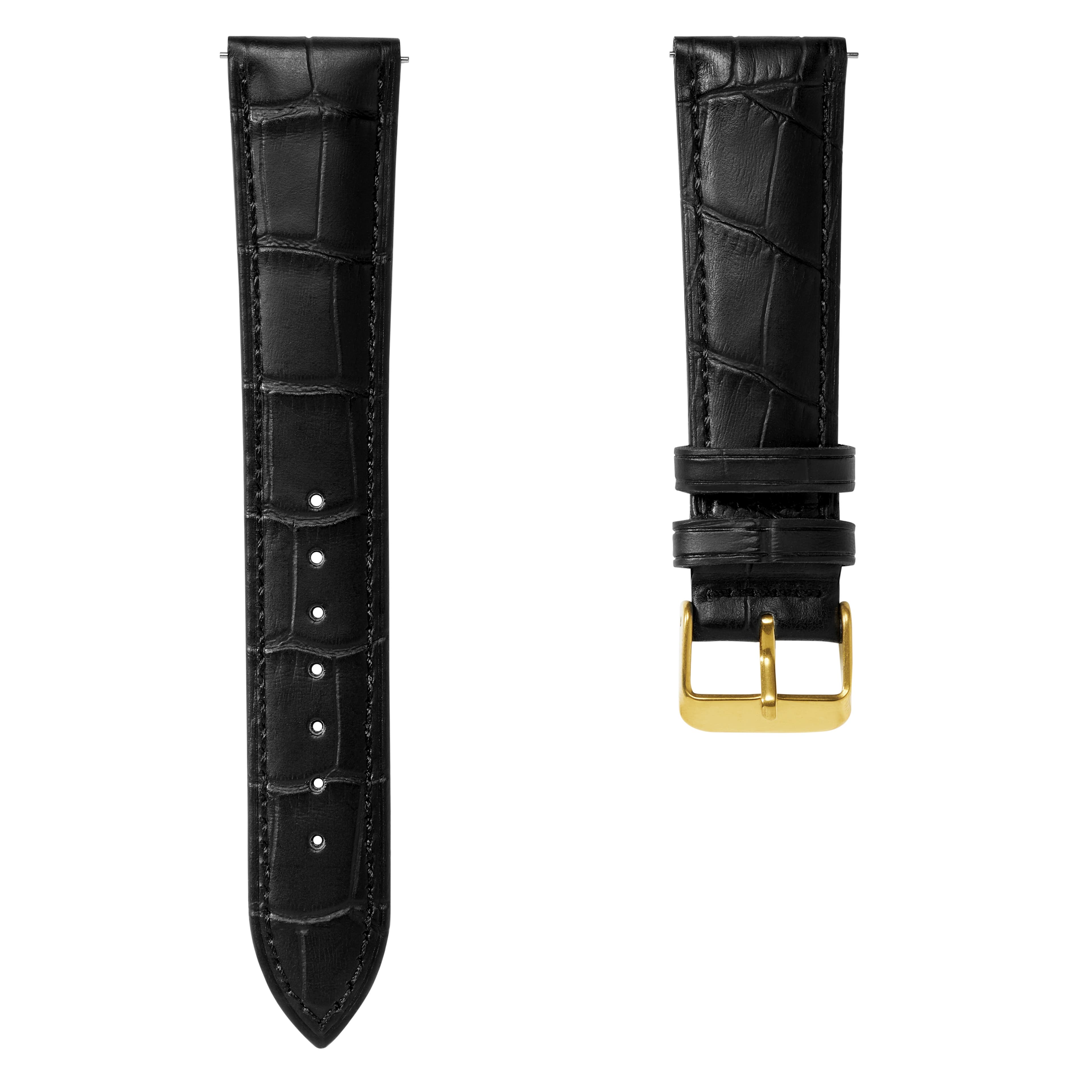 Черна кожена каишка с крокодилски шарки, златиста катарама и пружинни щифтове 21 мм