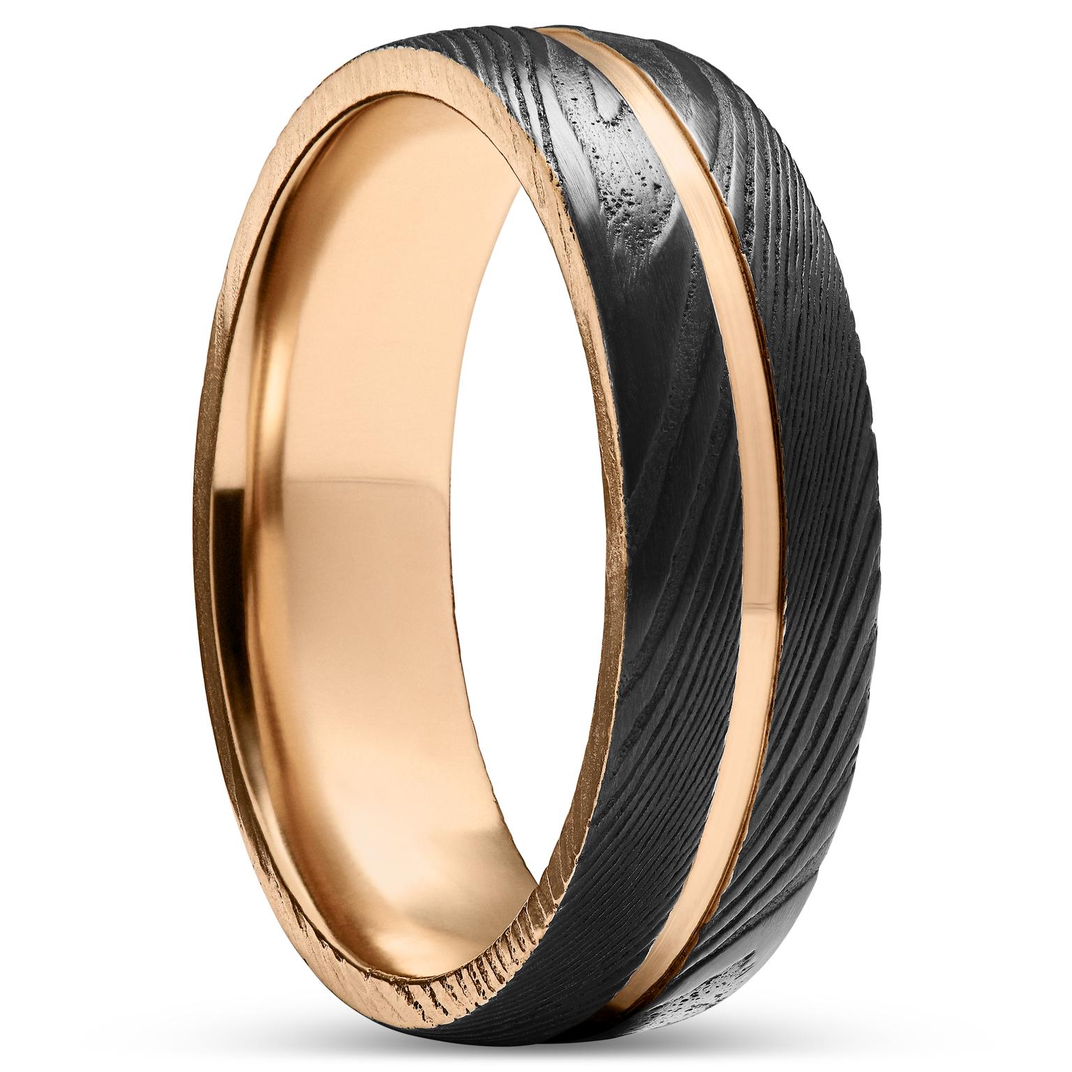 Fortis | 7 mm Gerillter Ring Aus Schwarzem Damaststahl Und Roségoldfarbenem Titan Fortis | 7 mm Gerillter Ring Aus Schwarzem Damaststahl Und Roségoldfarbenem Titan