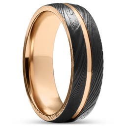 Fortis | 7 mm drážkovaný prsteň v čiernej farbe z damaškovej ocele a ružovo-zlatého titánu