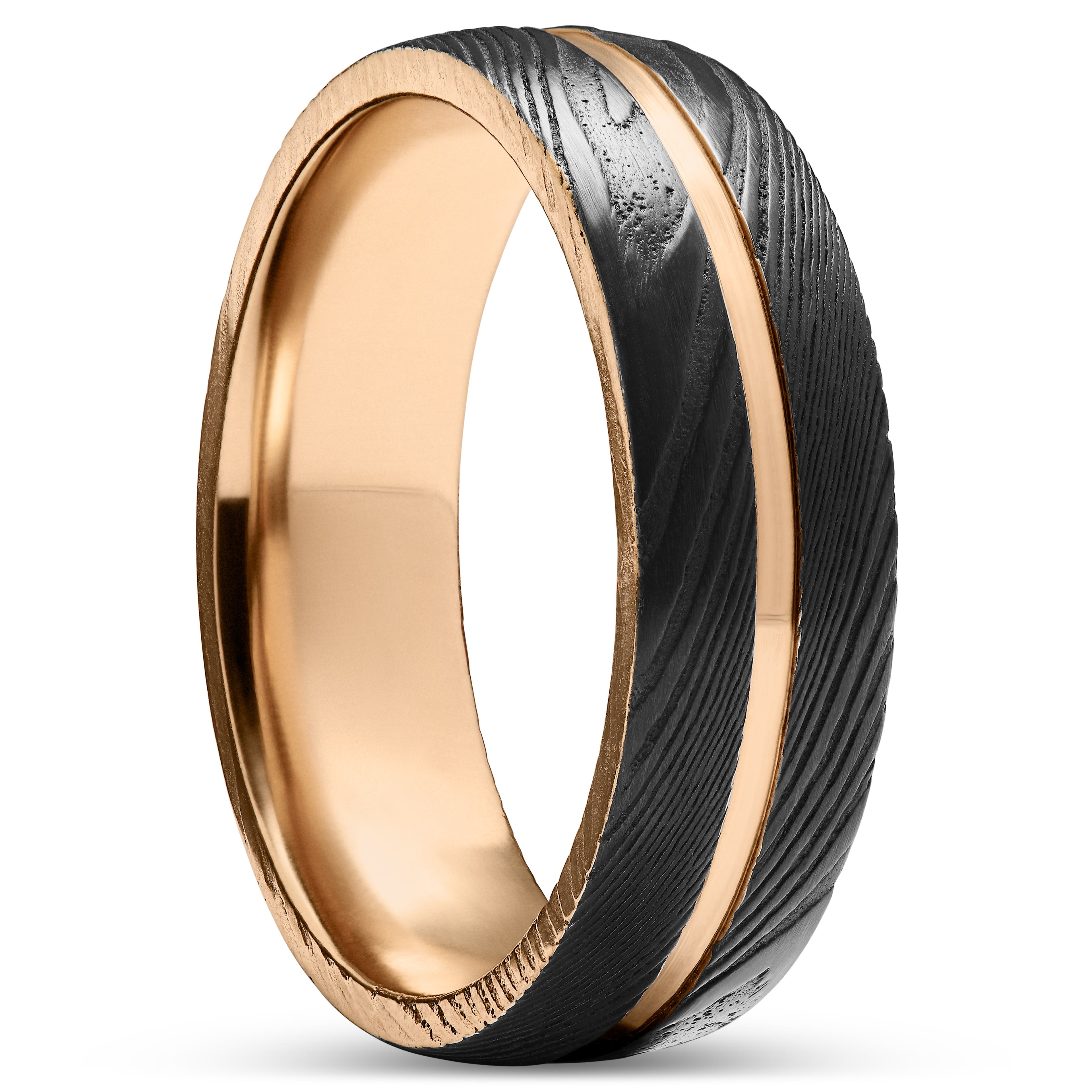 Fortis | 7 mm Gegroefde Zwarte Damascusstalen en Roségouden Titanium Ring