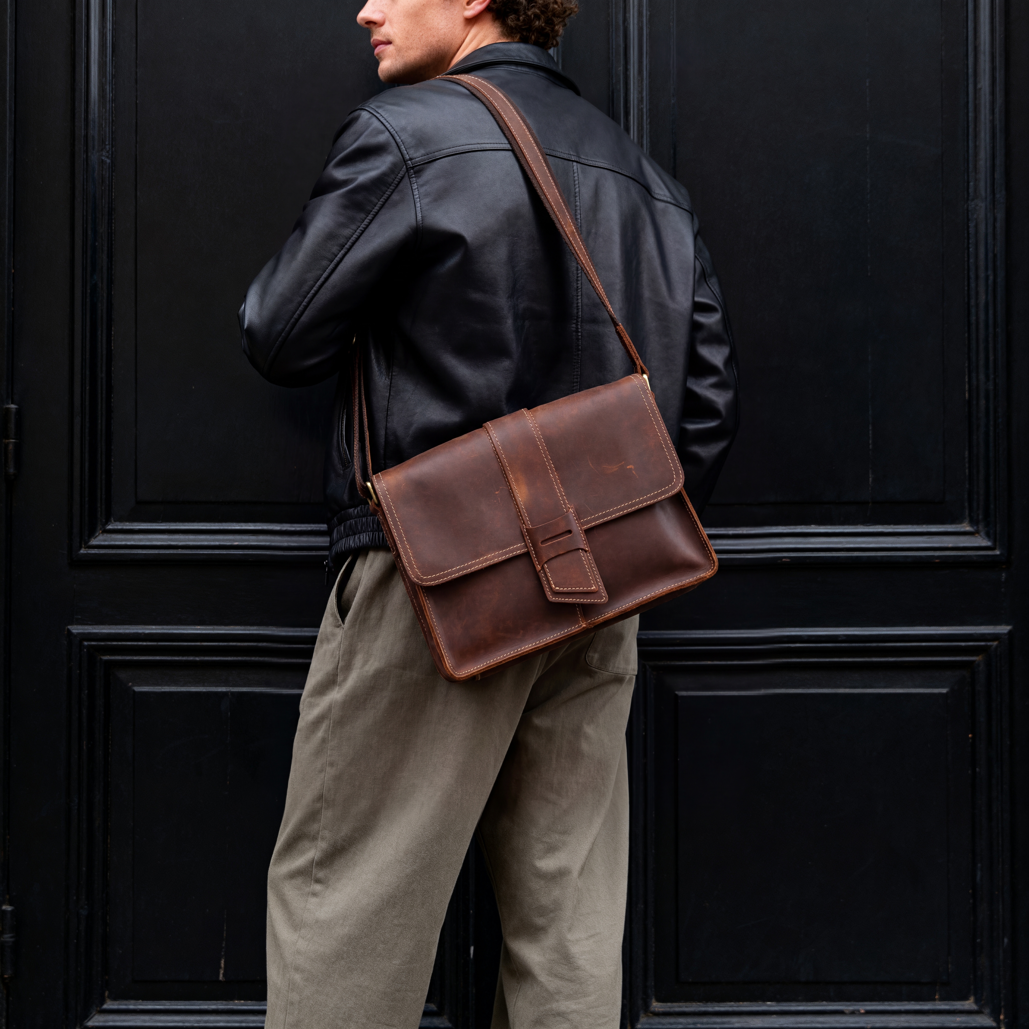 Scuffed Dark Brown Leather Satchel - 4