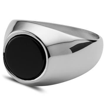 Gravel | Silver-Tone Stainless Steel With Round Black Onyx Signet Ring