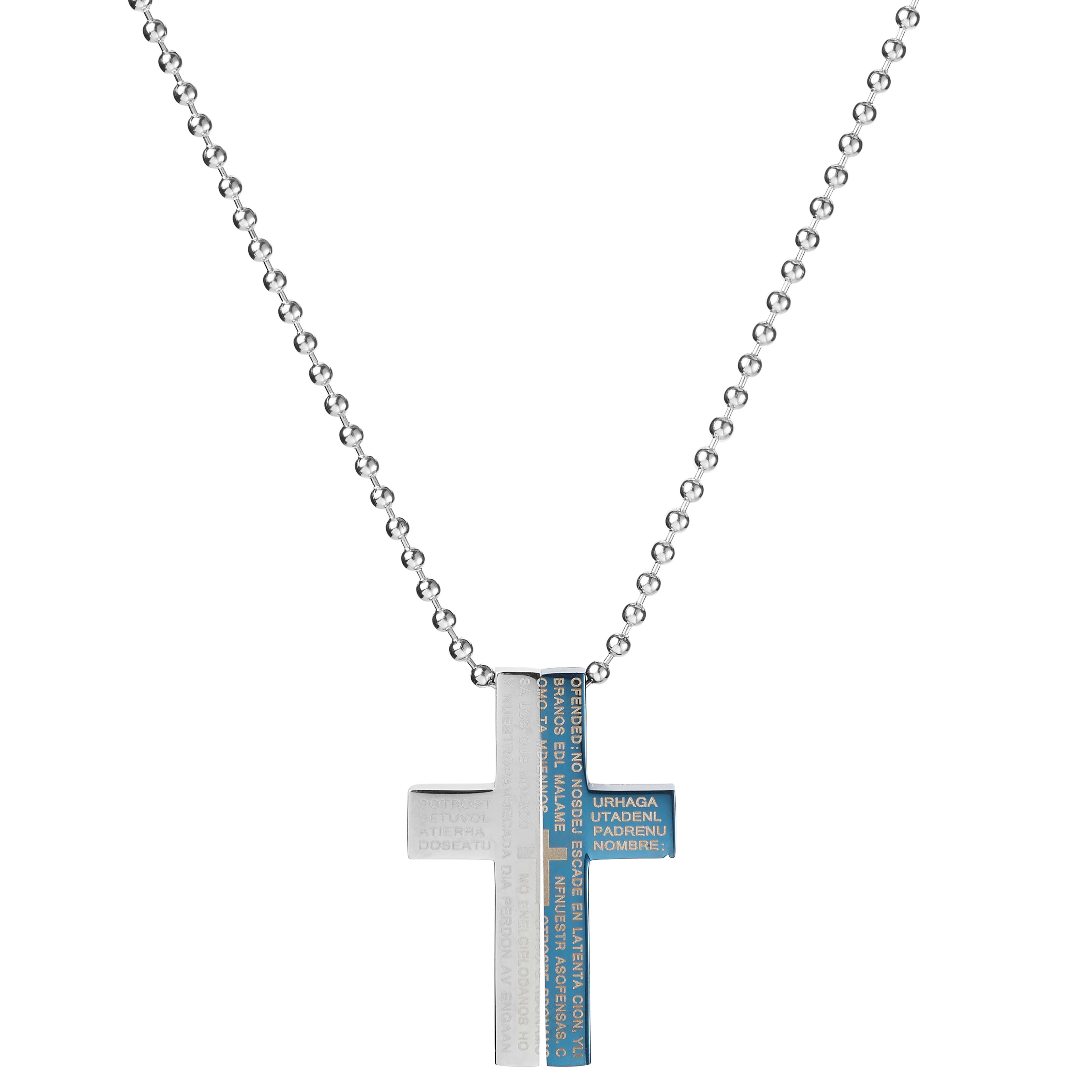 Silver-Tone & Blue Stainless Steel Cross Ball Chain Necklace