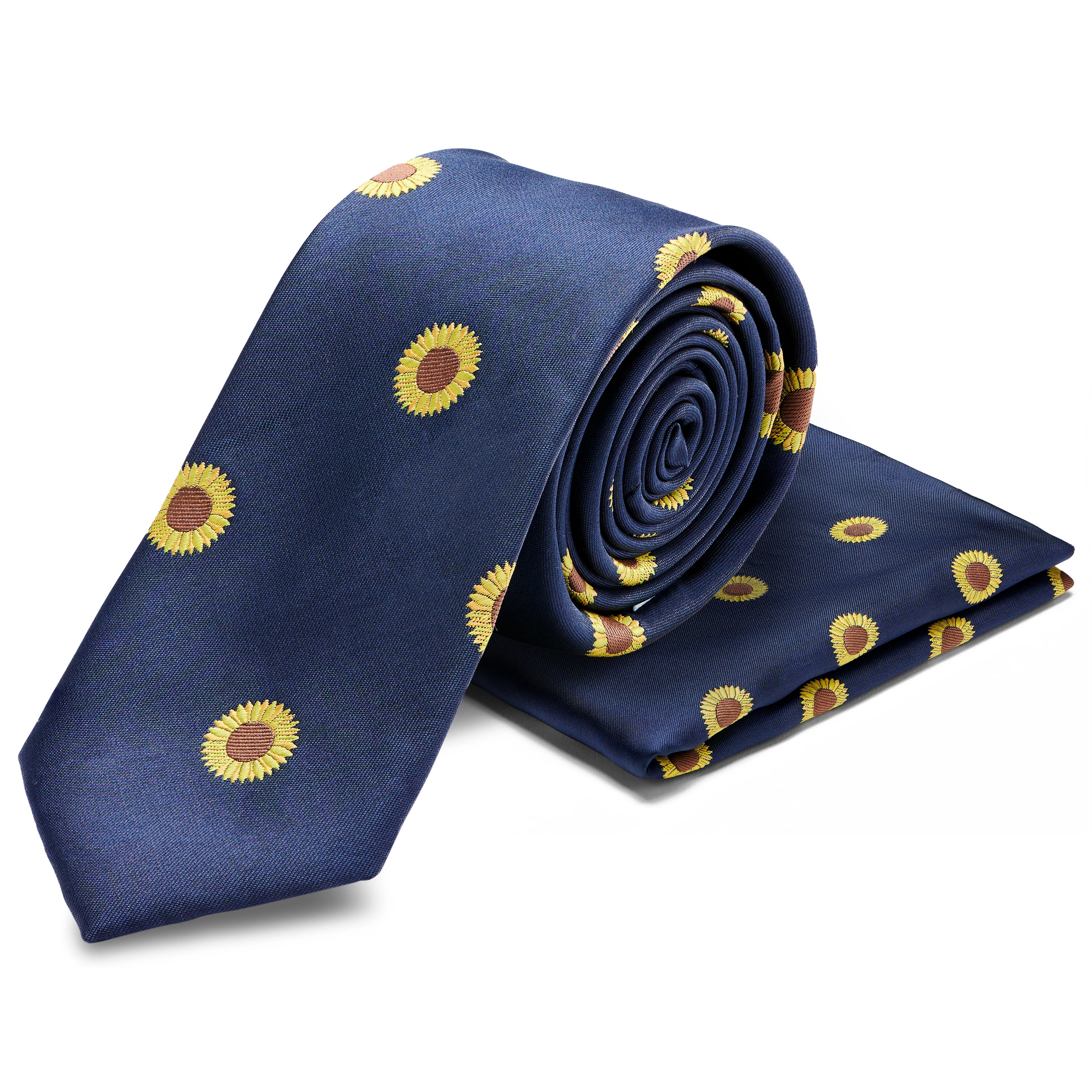 Комплект от двулицева кърпичка за сако и вратовръзка със слънчогледи