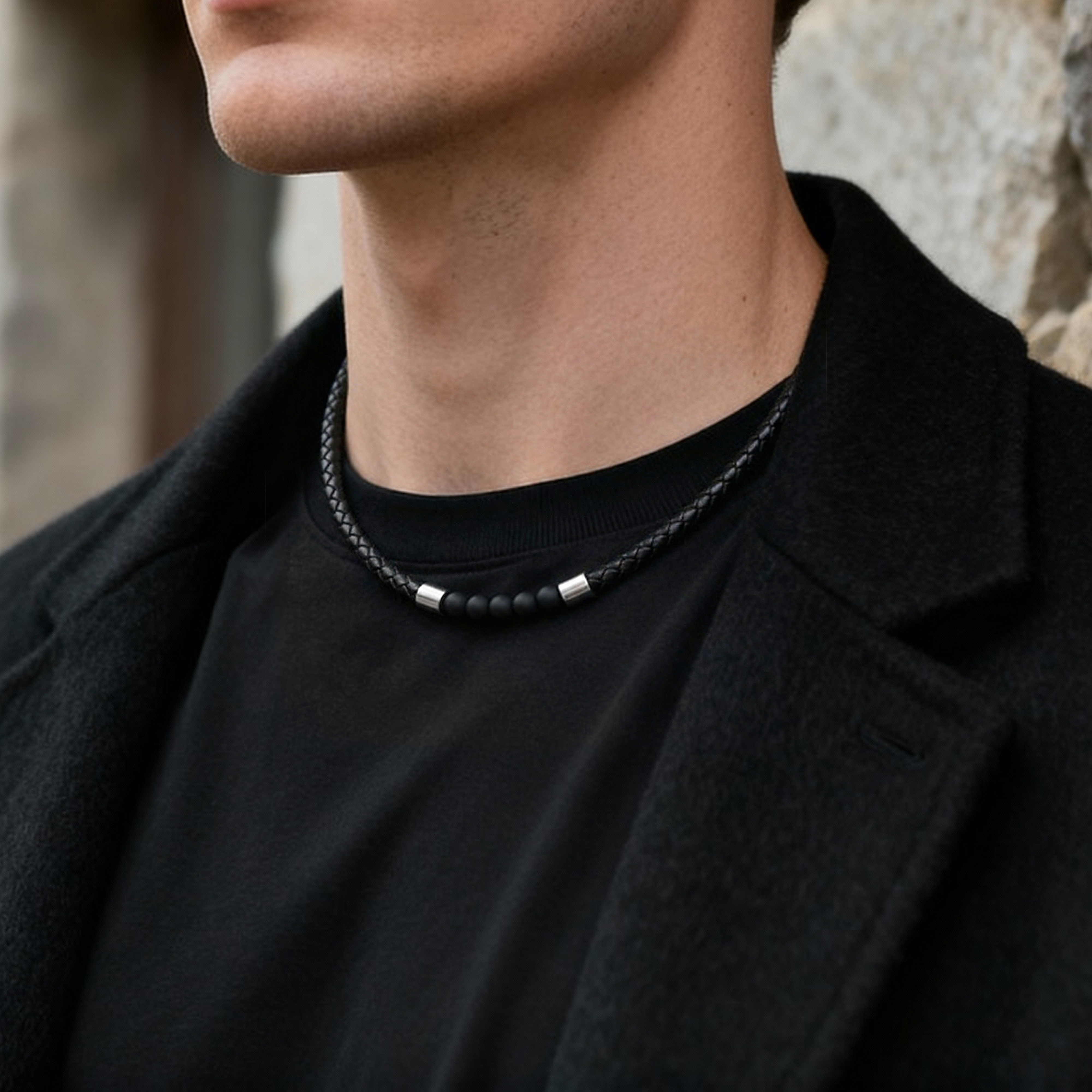 Tenvis | 5 mm srebrno-tonirana usnjena verižica z oniksom - 2