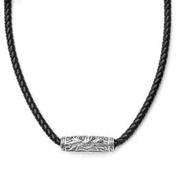 Black Leather With Silver-Tone Stainless Steel Rune Barrel Necklace