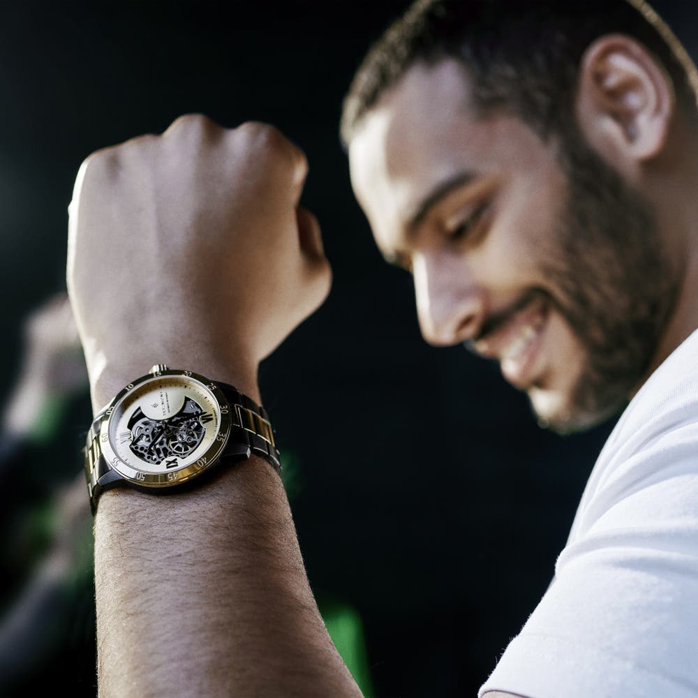 hover: Dante II | Gold-Tone & Black Stainless Steel Skeleton Watch With Gold-Tone Dial hover: Dante II | Gold-Tone & Black Stainless Steel Skeleton Watch With Gold-Tone Dial