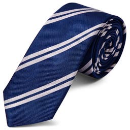 Cravate en soie bleu marine à rayures argentées - 6 cm