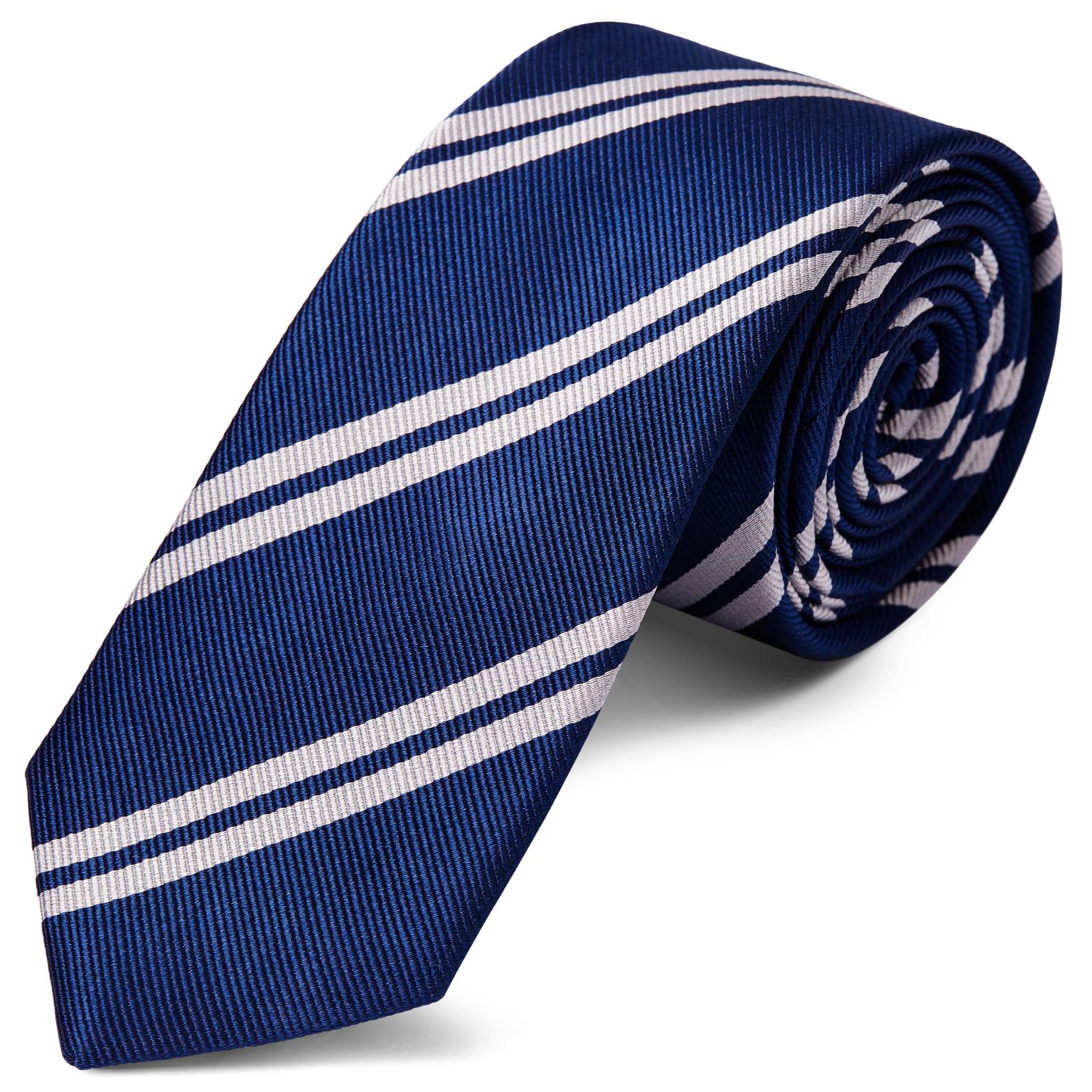 Silver-Tone Twin Stripe Navy Silk 2 3/8" Tie Silver-Tone Twin Stripe Navy Silk 2 3/8" Tie