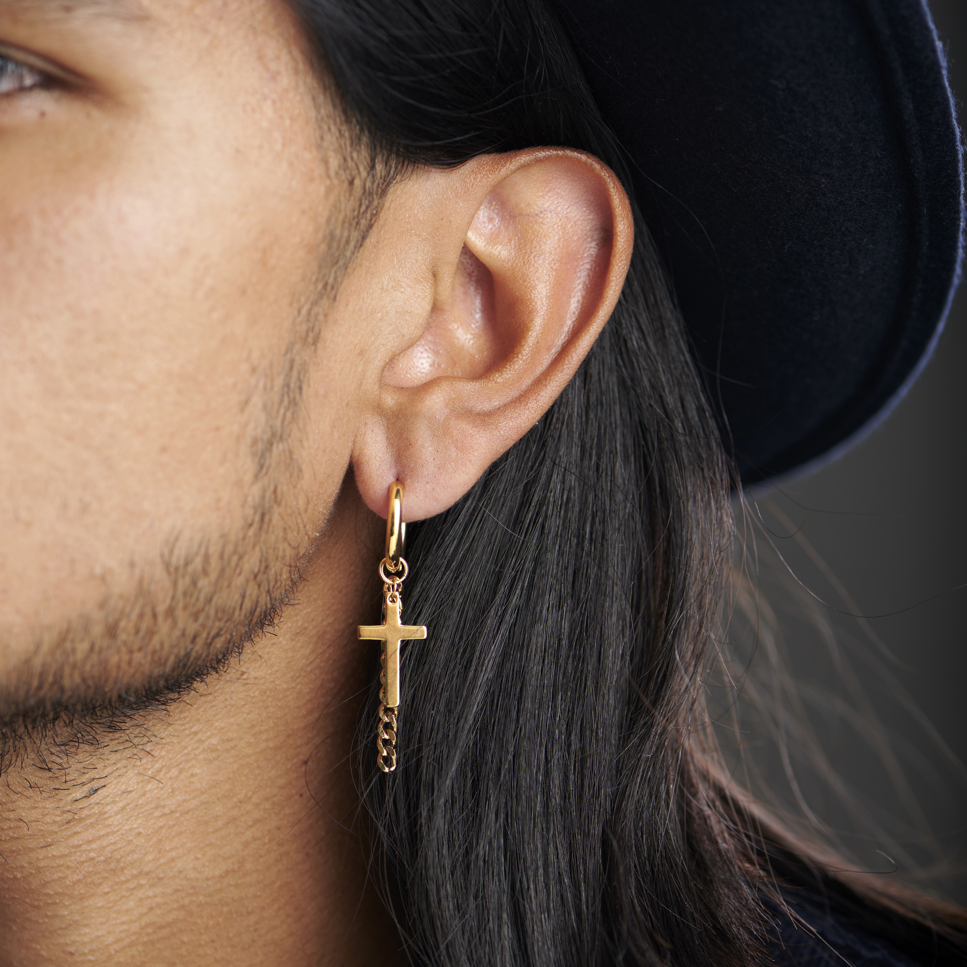 Gold-Tone Cross & Chain Earring - 3
