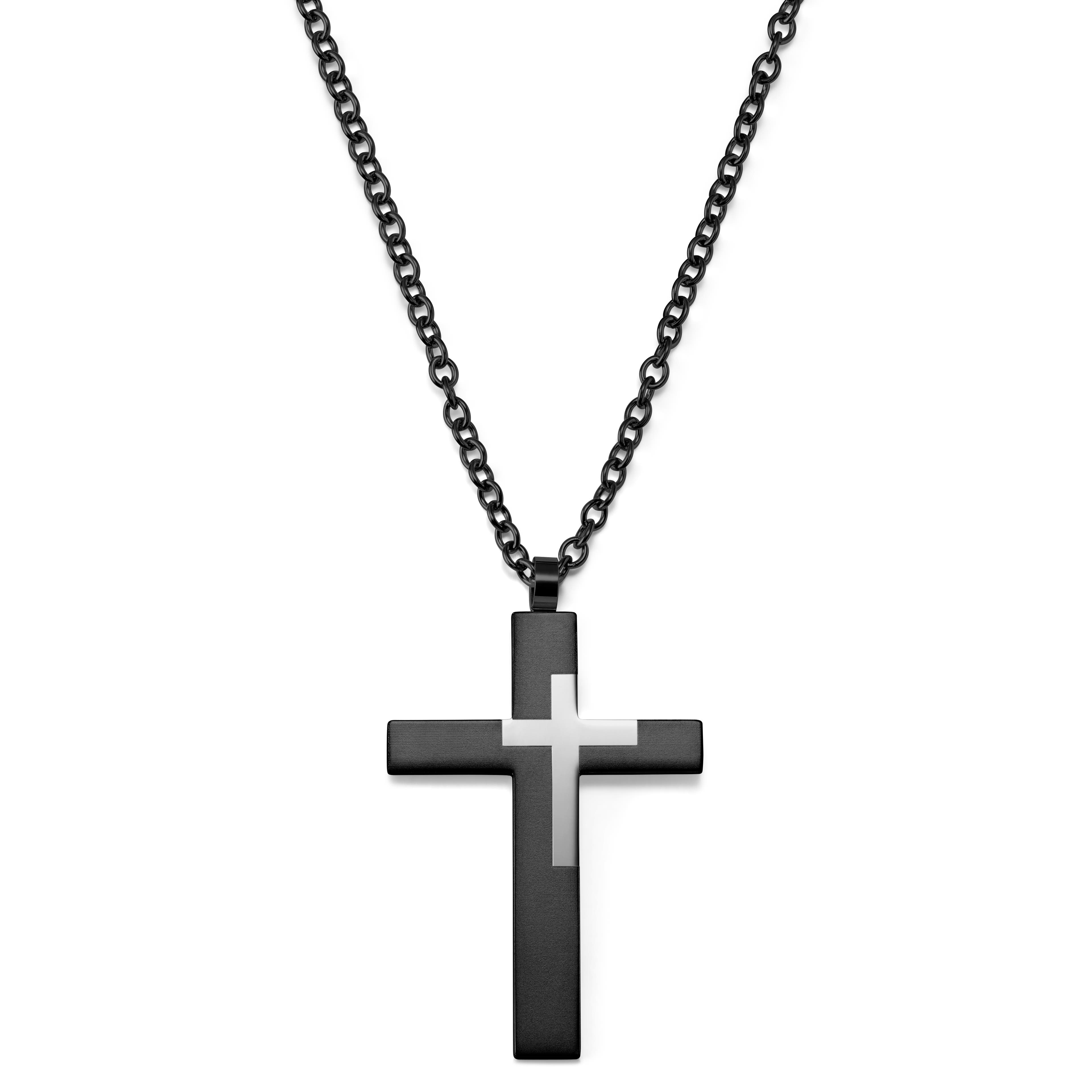 Collier à grand pendentif croix en acier couleur argenté et bronze gunmétal