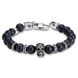 Rico | Blue Sandstone & Silver-Tone Stainless Steel Skull Bracelet