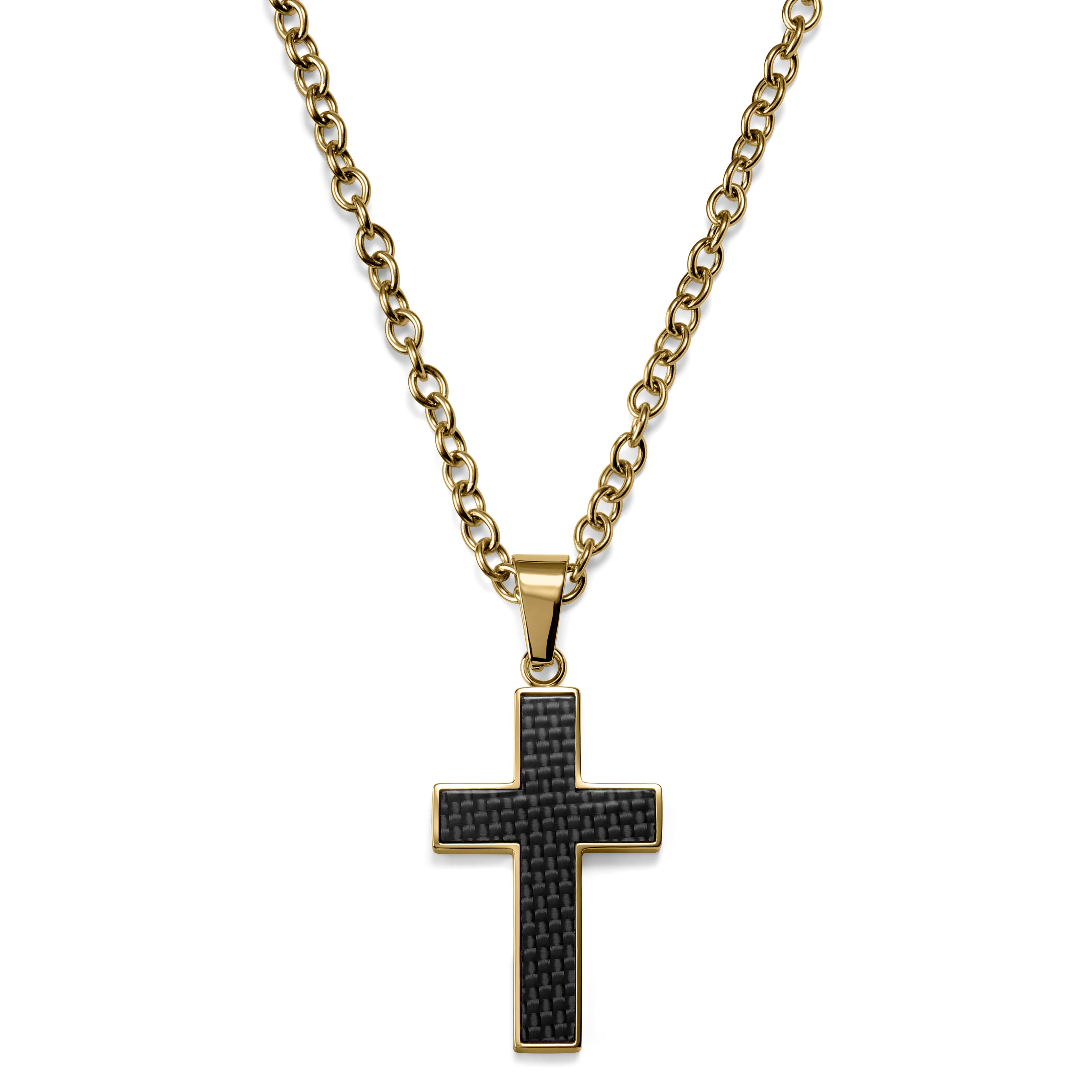 Gold-Tone & Black Carbon Fibre Inlay Cross Cable Chain Necklace