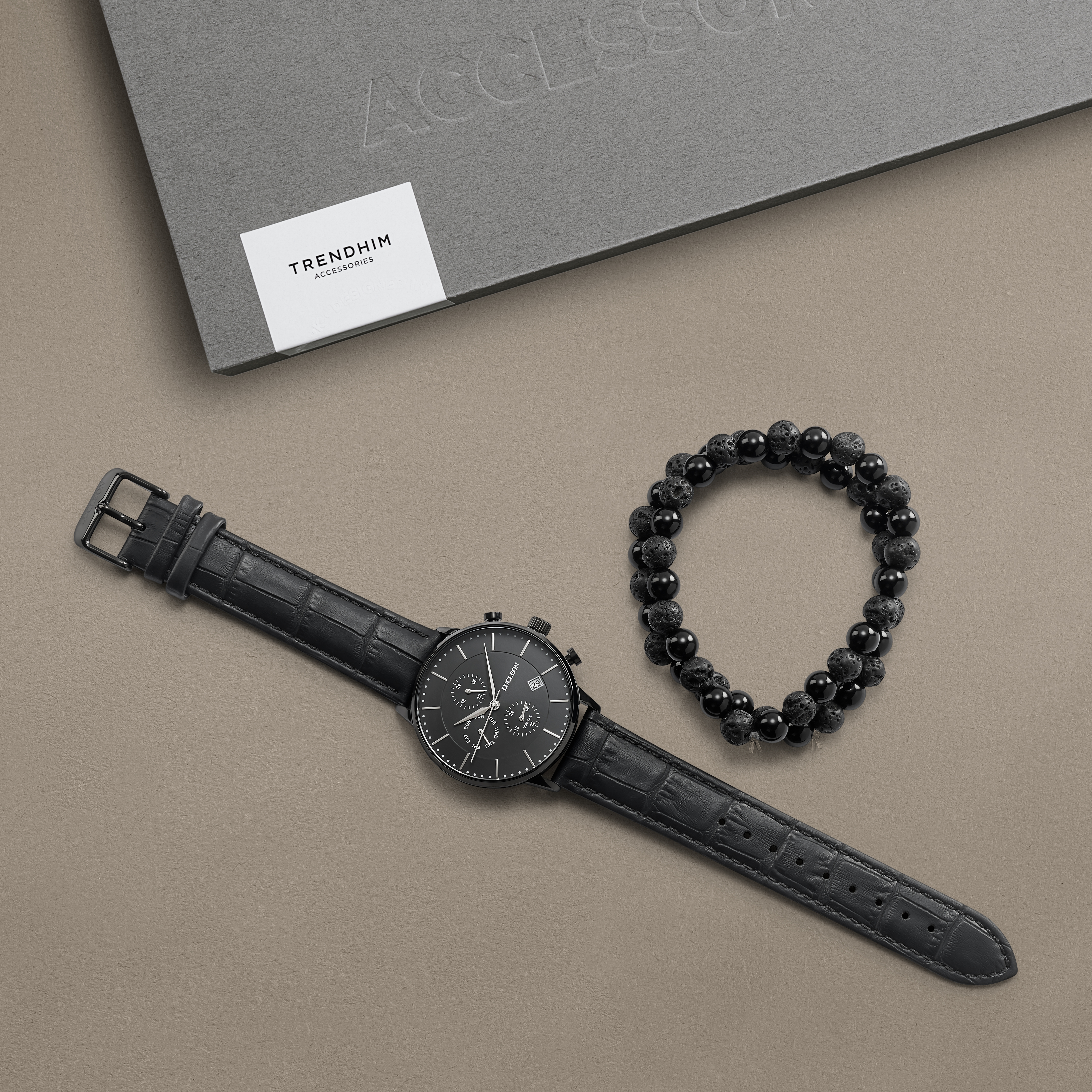 Caja de regalo con reloj multifunción negro y pulsera de piedra de lava y ágata - 2